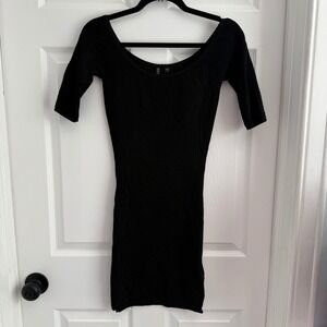 Guess Black Damask Jacquard Knit Bodycon Dress Scoop Neck Elbow length Medium
